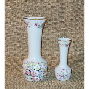 Vintage Ceramica Ibis Aveiro Portugal Floral Porcelain Vase Set Gold Rim 7¾" &5"